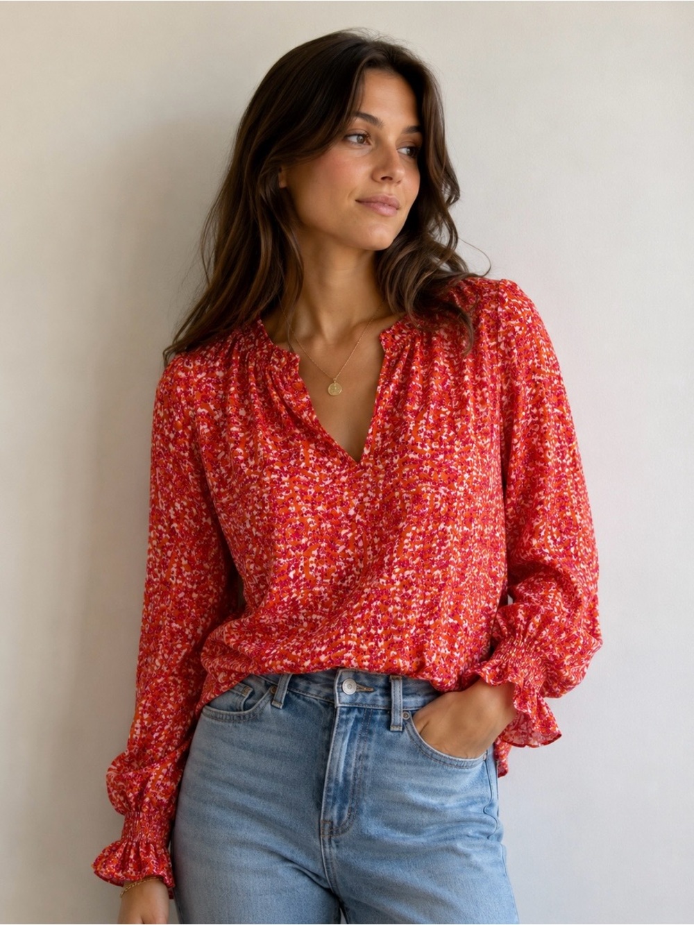 Red Floral Split-Neck Long Sleeve Tie-Cuff Blouse